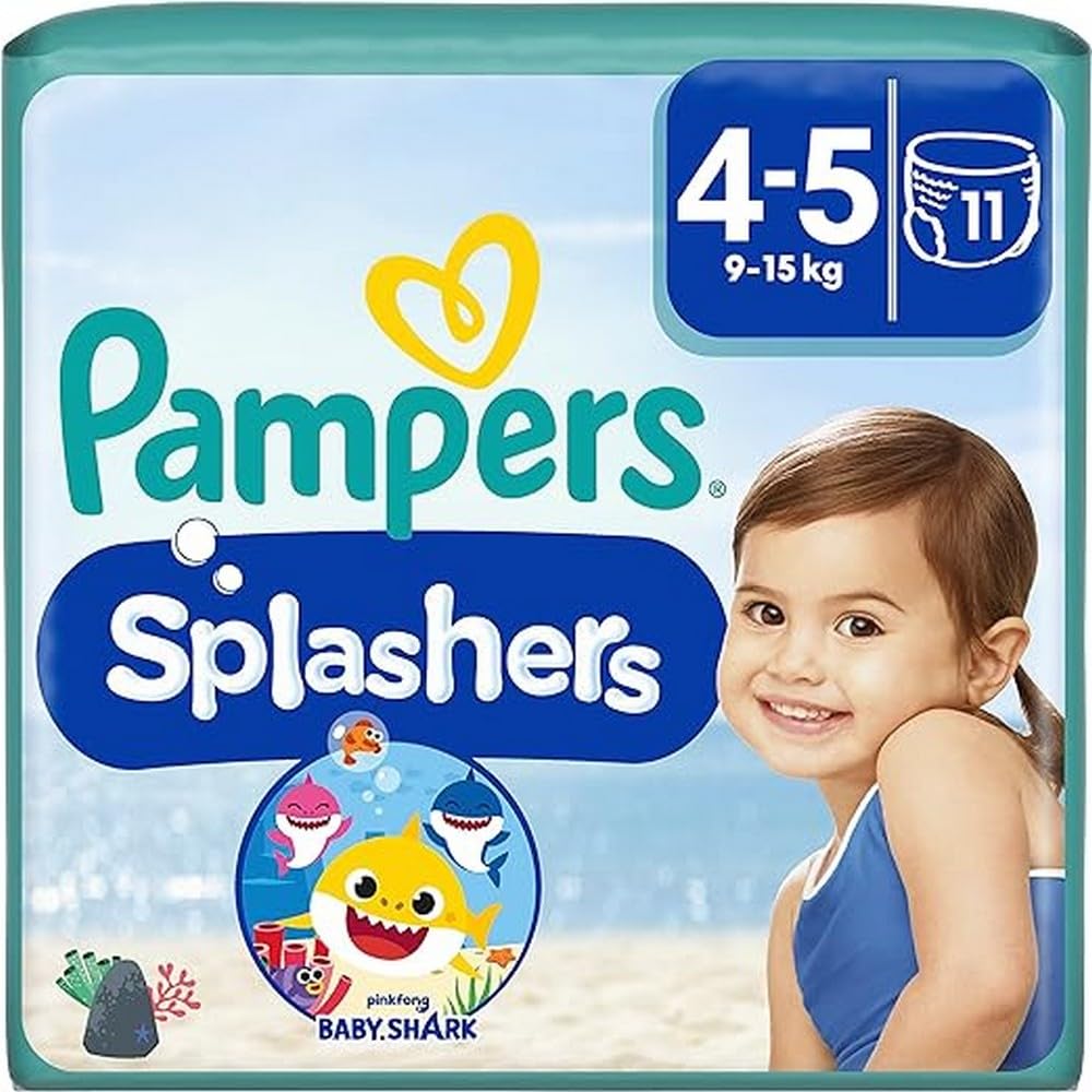 Pampers Splashers, Tamaño 4-5, 11 Pañales de Baño Desechables, 9-15kg, La Comodidad De Un Traje De Baño Y La Protección Pampers Óptima en el Agua, Edición Limitada Baby Shark