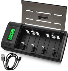 BONAI LCD Pantalla Cargador de Pilas Inteligente para AA/AAA/SC/C/D/9V Ni-MH/Ni-CD, Universal Con Función de Descarga (USB)