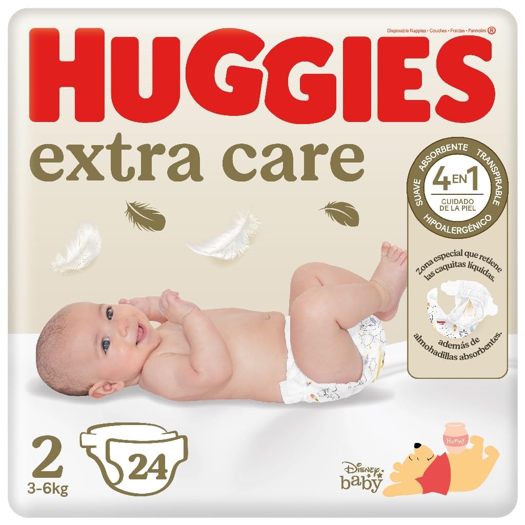 Huggies Extra Care Pañales para Recién Nacido con Diseños Disney Talla 2 (3-6 kg), Materiales Suaves y Delicados, Hipoalergénicos, 24 Pañales