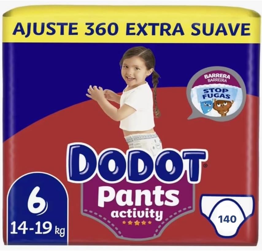 Dodot Activity Pants Pańal-Braguita Talla 6, 140 Pańales, 14kg-19kg, Con Barrera STOP Fugas Que Ayuda A Prevenir Fugas Traseras