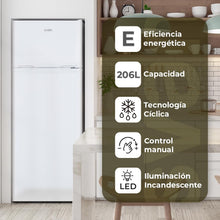 Carregar imagem no visualizador da galeria, SVAN Frigorífico 2 Puertas Blanco SF145501E. Capacidad 206 Litros, Puerta Reversible, Bajo Nivel Sonoro, Eficiencia Energética Clase E
