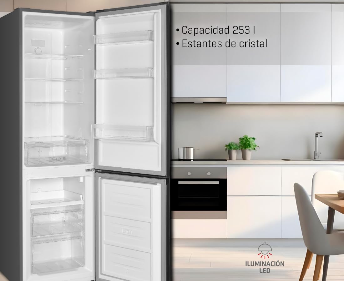 Corberó - Frigorífico Combi No Frost | CCH18024X | Capacidad 253 L | Color Inox | Luz LED | Crisper | Estantes de Cristal | 40 Db | Eficiencia Energética E, Plateado