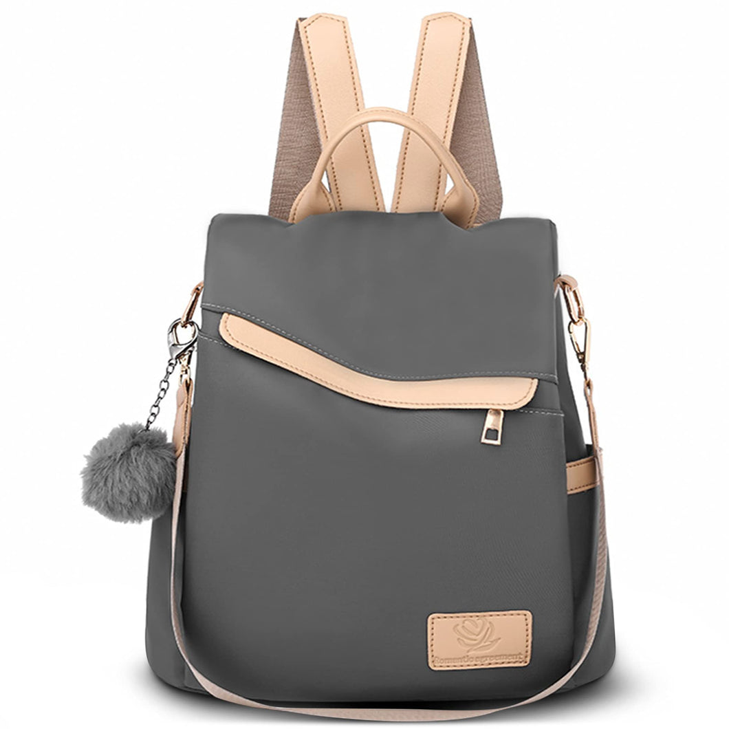 DORRISO Mochila de Mujer Casual Bolso de Mano Bandoleras Antirrobo Bolsa de Viaje Bolsa de Escuela PU Cuero + Nailon Mochila Adorno de Pompón Señoras Bolsa Mochilas Gris