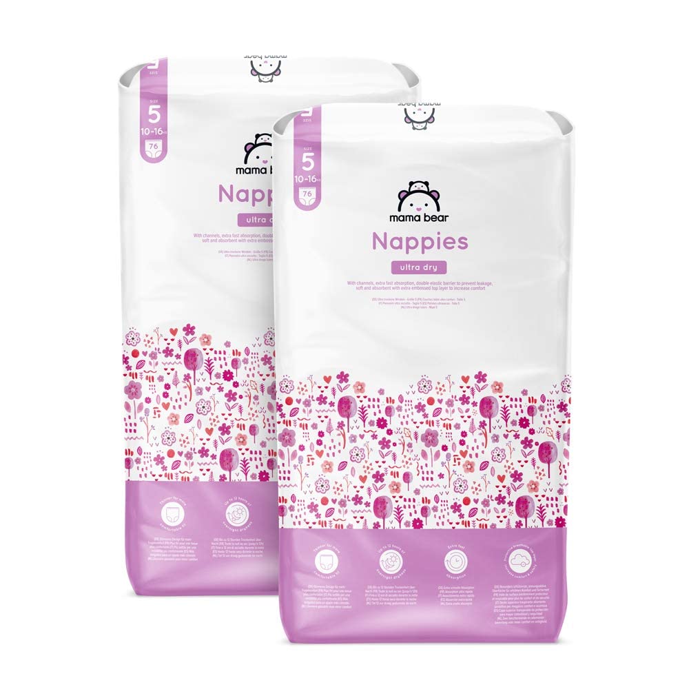 Marca Amazon - Mama Bear Pañales ultra-secos, Talla 5 (10-16 kg), Con canales, Bianco, 152 Unidad (2 Paquetes de 76) - Nueva versión