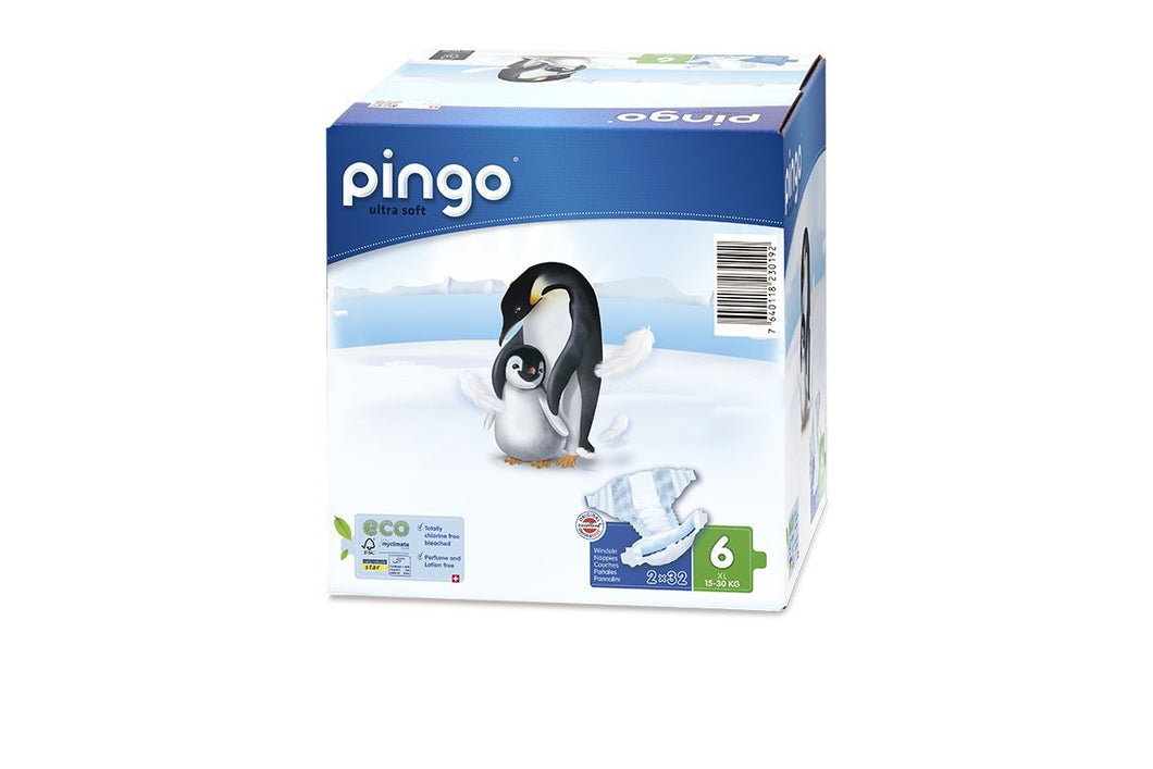 Pingo - Pañales Talla 6 XL - 2 paquetes de 32 unidades-15-30 kg- Pañales para bebé - Anti-alergénicos sin perfume - Máxima Absorción - Pañales Ecológicos - Pañales talla 6 XL desechables - Color Blanc