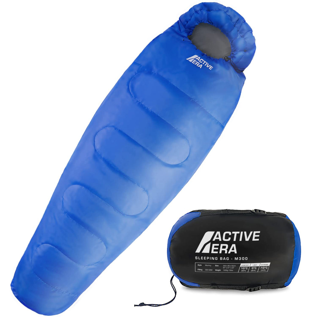 Active Era Saco de Dormir 220 cm x 80 cm Peso 300gr - Confort 10°C a 0°C. Resistente al Agua, Relleno de Doble Capa, Cálido con Capucha y Cordón. Saco de Dormir Adulto- Azul
