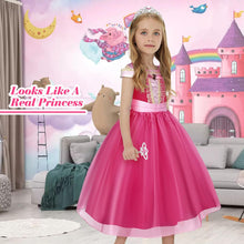Upload image to gallery viewer, URAQT Disfraz Princesa Niña, Disfraces Princesas Disney Niña con Varita Mágica y Corona, Disfraz Halloween Niña 4 Años para Cumpleaños Halloween Fiesta Durmiente Princesa Traje Cosplay, 100cm
