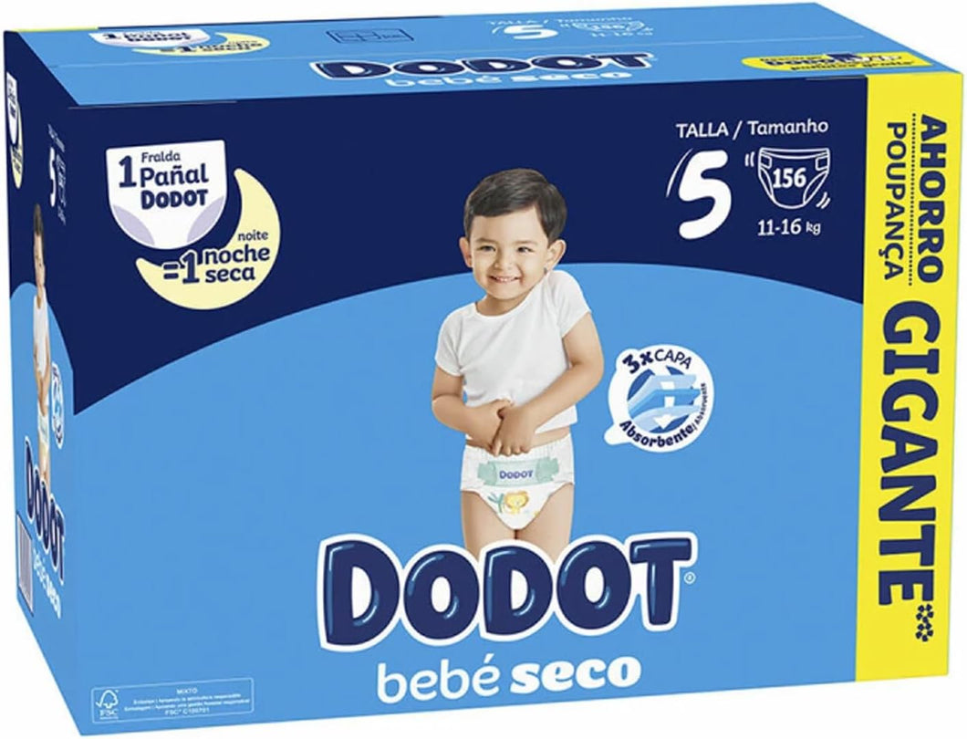 Dodot Bebé Seco Tamanho 5 (11-16 kg) - Pack de 156 Fraldas Ultra Absorbentes com Tripla Proteção Antifugas, Barreira Stop Fugas e 12h seca