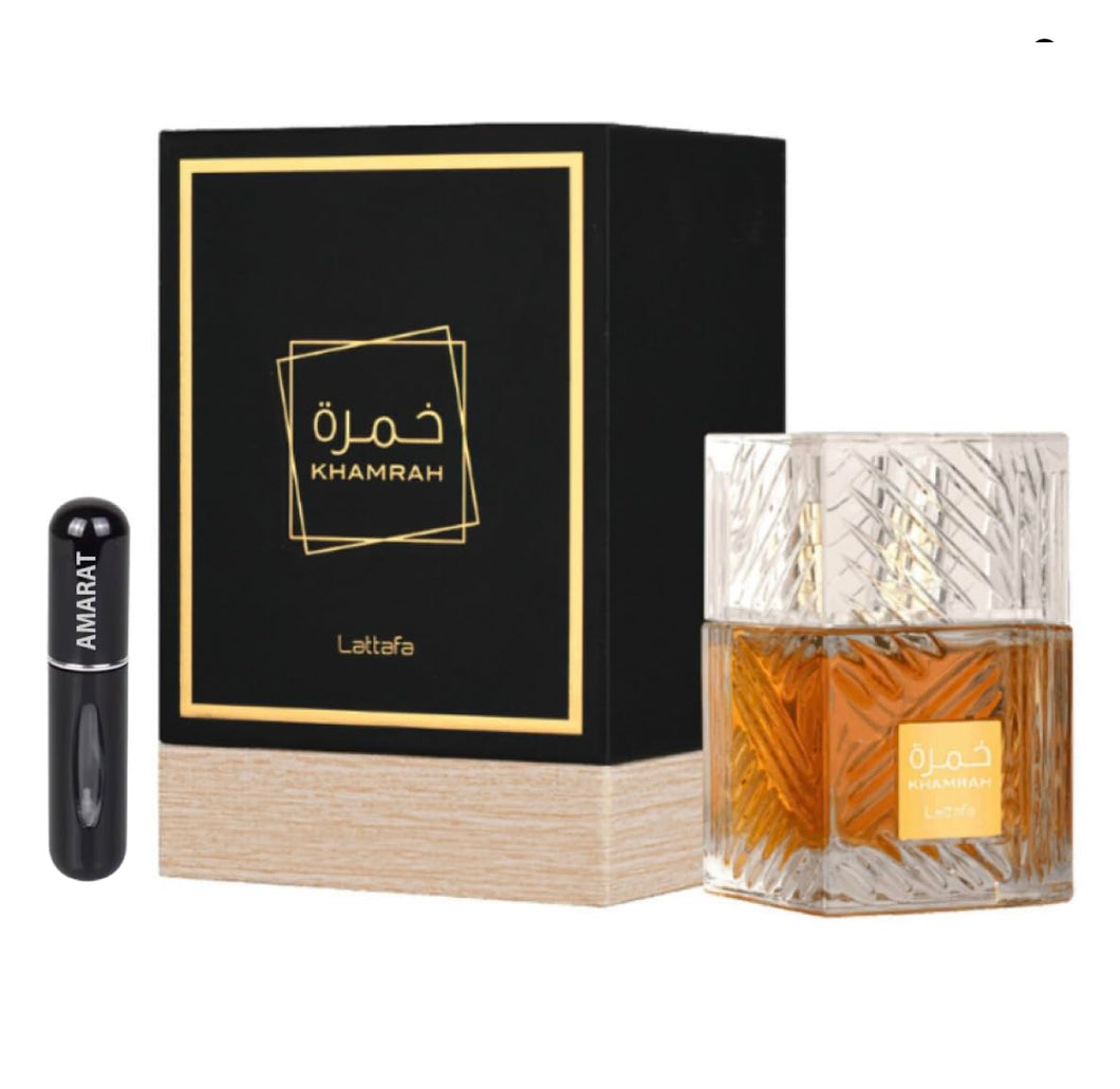 Perfume Khamrah Original 100ML, Eau da Perfum Unisex Importado desde Dubái con Aromas Agradables de Larga Duración, Incluye Atomizador Recargable 5ML, Fragancia Duradera (Khamra)