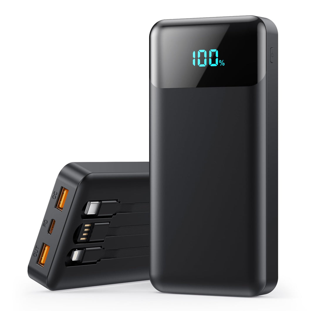Power Bank 26800mAh Bateria Externa con 3 Cable Integrado, PD 25W QC4.0 Bateria Portatil Carga Rápida USB C Cargador Portátil con 5 Salidas para iPhone 16/15/14, Samsung, Huawei Teléfonos Android etc.
