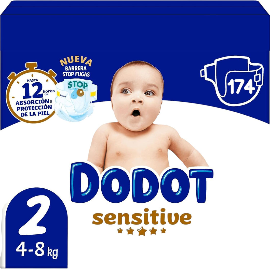 Dodot Fraldas de bebé sensíveis tamanho 2 (4-8 kg), 174 unidades, proteção da pele recém-nascido, ultra macias, indicador de humidade, barreira anti-fugas, testados dermatologicamente