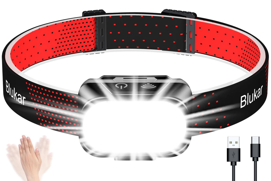 Blukar Linterna Frontal Recargable, Superbrillante Linterna Cabeza LED Atenuación Continua, 10 Modos con Luz Roja & Sensor de Movimiento, IPX5 Impermeable para Camping, Correr, Excursión, Pesca