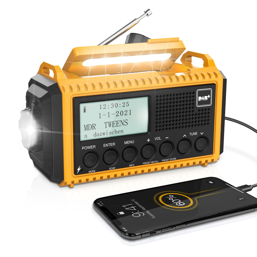 Radio Solar Portátil Dab + / Dab/FM con Manivela,Radio con Linterna LED Multifunción con Reloj Despertador Digital,Batería de 5000 mAh y Alarma SOS,Camping,Senderismo,Exterior