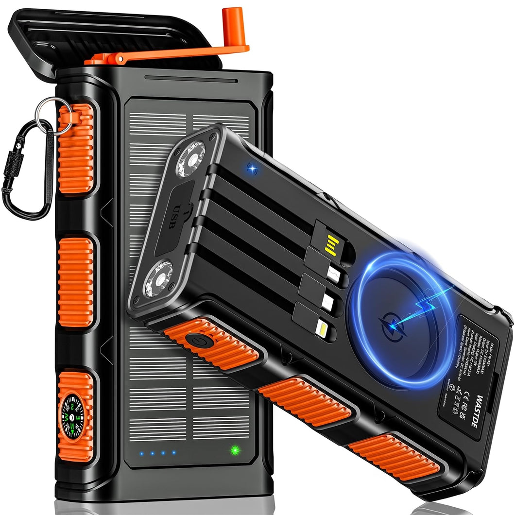 Powerbank Solar Inalámbrico de 26800mAh con Manivela y 4 Cables, Batería Externa de Carga Rápida 3A con 7 Salidas y 4 Entradas, Linterna, Panel Solar Impermeable para Teléfono Móvil en Exteriores.