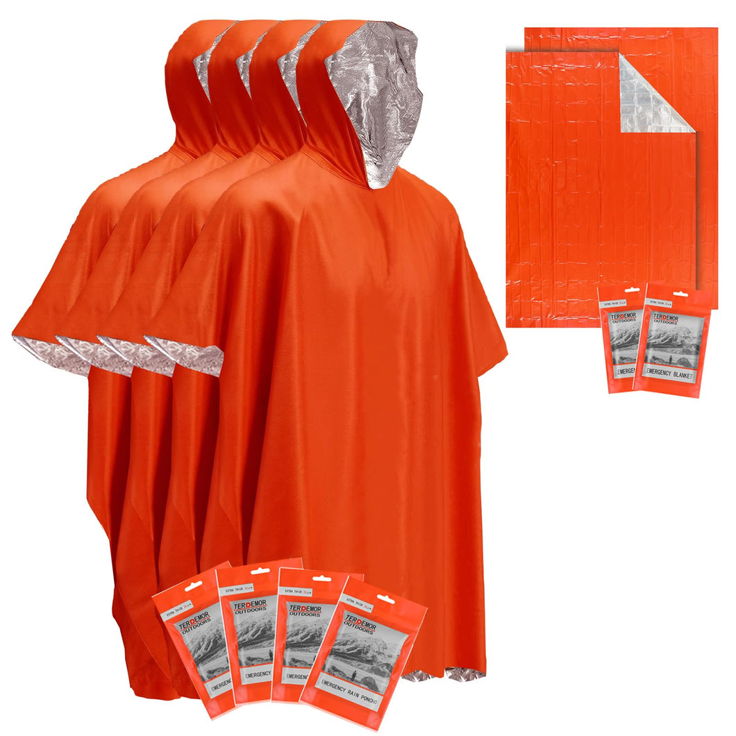 Terdemor Poncho de Emergencia (Paquete de 4), Manta de Emergencia (Paquete de 2) con Forro de Manta de Mylar, Manta de Supervivencia Mucho más Grande y Gruesa para preparación de Emergencia, Camping,
