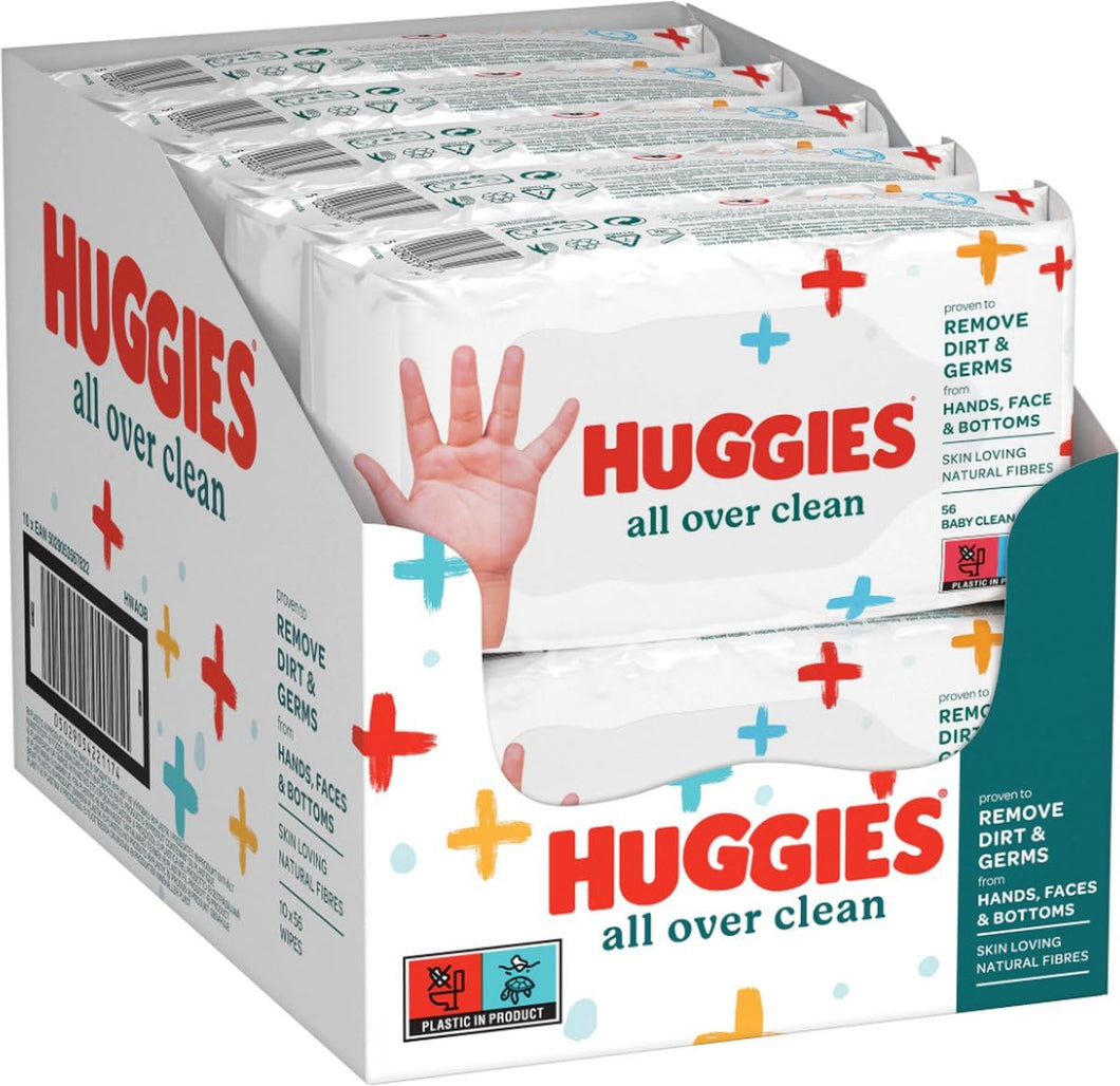 Huggies All Over Clean - Toallitas húmedas para bebé, 56 piezas, paquete de 10 (10 paquetes de 56 unidades, total 560 toallitas) (seguras para la cara, las manos y el funduleto)