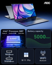 Carregar imagem no visualizador da galeria, AOC Ordenador Portatil con Intel 7 [Supera al Celeron] (hasta 3,6 GHz) Notebook 15,6 Pulgadas, 16GB RAM 512GB SSD(hasta 2TB), 1080P, Portátil Negocios, 5G WiFi,BT5.2,Tipo C,USB,HDMI,Carcasa Metálica
