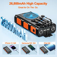 Carregar imagem no visualizador da galeria, Powerbank Solar Inalámbrico de 26800mAh con Manivela y 4 Cables, Batería Externa de Carga Rápida 3A con 7 Salidas y 4 Entradas, Linterna, Panel Solar Impermeable para Teléfono Móvil en Exteriores.
