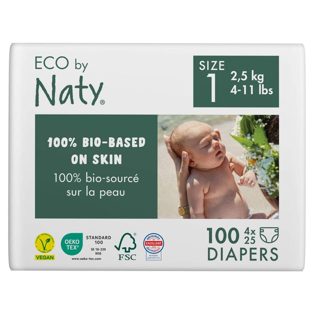 Eco by Naty Pañales Bebé - Pañales ecológicos a base de plantas, ideales para la piel sensible del bebé y ayuda a evitar las fugas (Talla 1, 100 unidades)