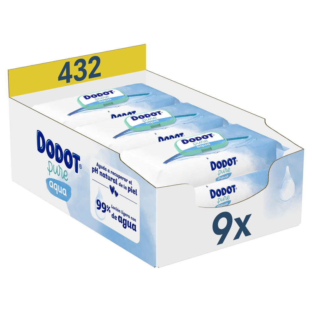 Dodot Toallitas Pure Aqua Para Bebé 9 Paquetes De 48 Unidades = 432 Toallitas, Ayuda a restaurar el pH natural de la piel, 99% agua