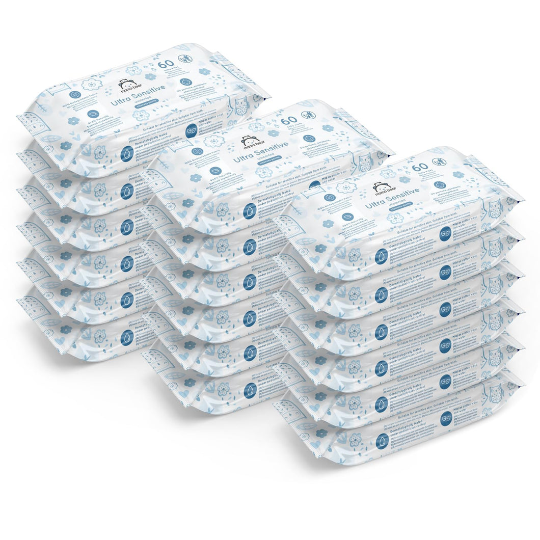 Marca Amazon - Mama Bear Ultra Sensitive, Toallitas humedas para bebé, Sin fragancia, 1080 Unidad (18 Paquete de 60)