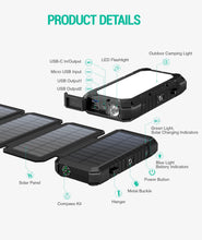 Carregar imagem no visualizador da galeria, BLAVOR Solar Powerbank 20.000mAh Portátil Solar Cargador con 4 Paneles solares, batería Externa Impermeable al Aire Libre con 4 Puertos USB 18 W Cargador rápido QC 3.0 USB C Power Bank para teléfono
