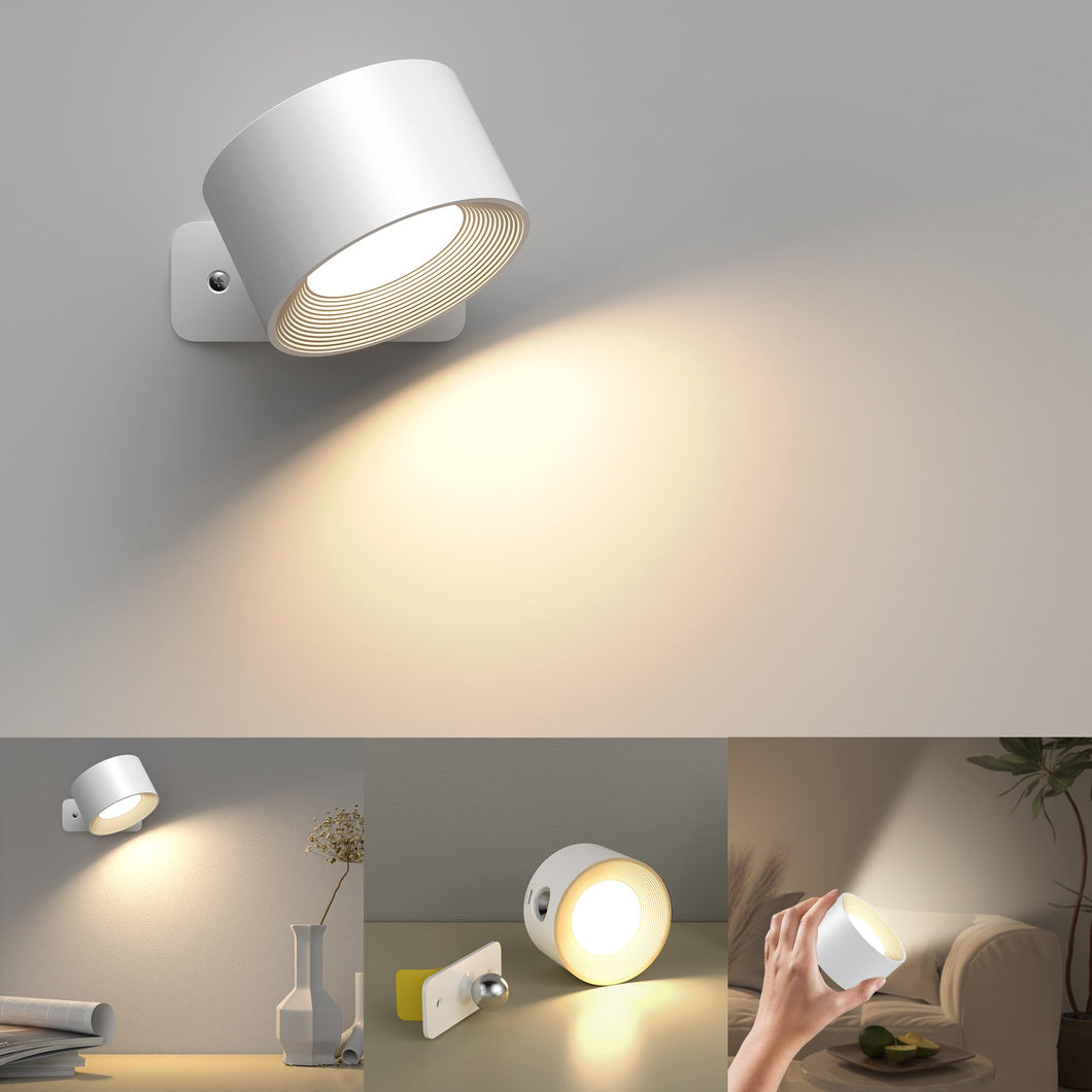 Luz de Pared de Interior, Lámpara de Pared con Batería de Carga USB, 3 Colores y 3 Niveles de Brillo Pared de Interior 360 ° Giratorio de Control Táctil Lámparas de Pared Inalámbricas (Blanco)