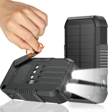 Carregar imagem no visualizador da galeria, Cargador solar de 66800 mAh, manivela de mano integrada y 4 cables de 22,5 W de carga rápida, 6 salidas y 4 entradas SOS/estroboscópico/linternas de camping fuertes, brújula solar portátil (negro)
