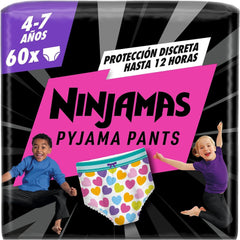 DODOT Ninjamas Fralda de pijama com corações, 60 fraldas de pijama, 4-7 anos, 17 kg-30 kg, proteção contra fugas a noite toda