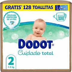 Dodot Pañales Bebé Cuidado Total, Talla 2 (4-8 kg), 100 Pañales + Regalo de 128 Toallitas Dodot Azul, Protección Delicada De La Piel, Pack Mensual