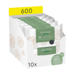 Toallitas húmedas naturales LILLYDOO green, 10 paquetes de 60 (600 unidades), 100% tejido sin plásticos y sin fragancias