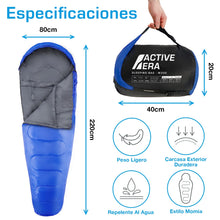 Carregar imagem no visualizador da galeria, Active Era Saco de Dormir 220 cm x 80 cm Peso 300gr - Confort 10°C a 0°C. Resistente al Agua, Relleno de Doble Capa, Cálido con Capucha y Cordón. Saco de Dormir Adulto- Azul
