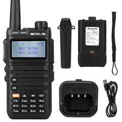 Retevis RA685 Walkie Talkie de Banda Dual, Radio Amateur Walkie Talkie Recargable, 1800mAh, Pantalla LED, VOX 128 Canales, Profesional Radiocomunicación para Principiantes (Negro, 1 Unidad)