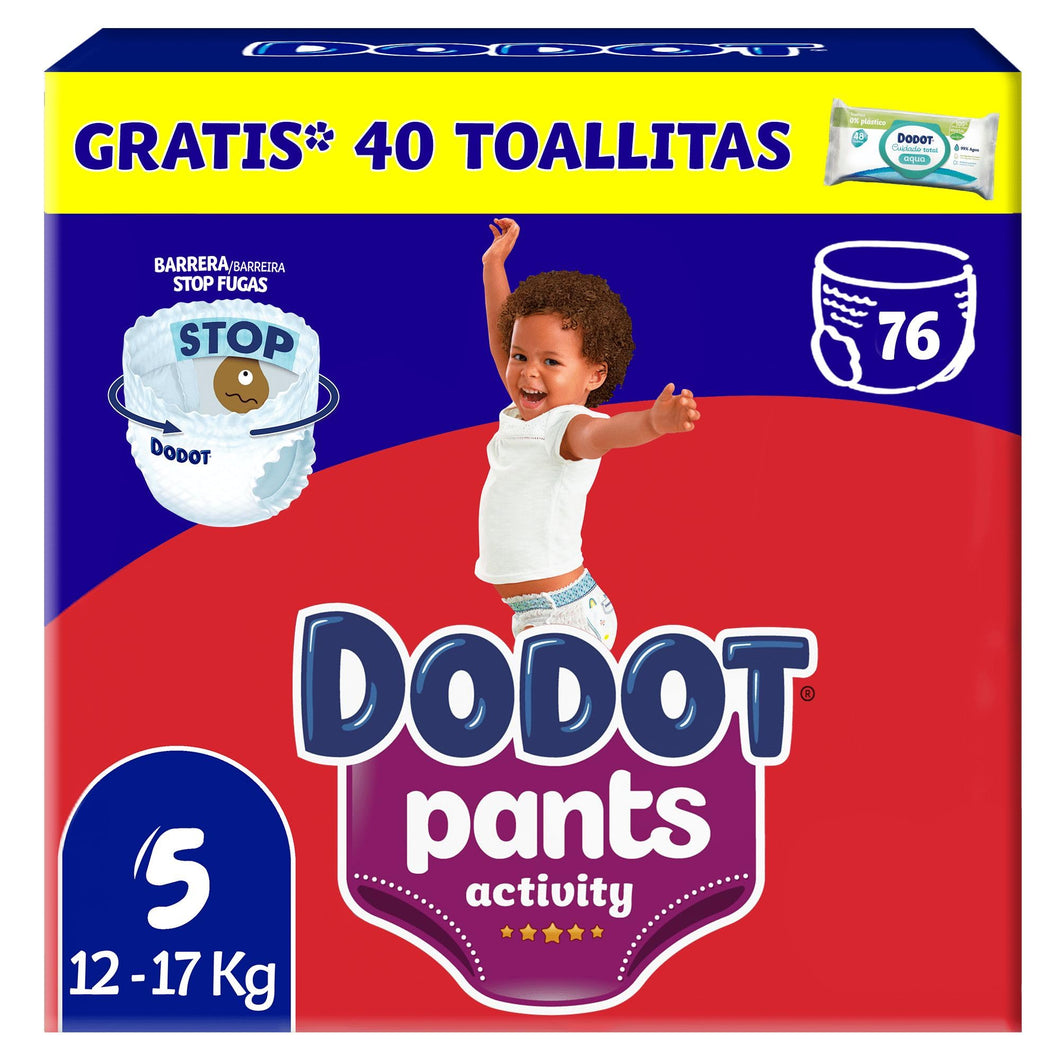 Dodot Activity Pants Pañal-Braguita Talla 5, 76 Pañales, 12kg - 17kg, Con Barrera STOP Fugas Que Ayuda A Prevenir Fugas Traseras