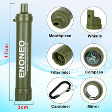 Carregar imagem no visualizador da galeria, ENONEO Filtro de Agua Personal 1500L Purificador Agua Portatil Elimine 99.99% de Bacterias y Protozoos con Espejo, Silbato y Brújula Filtro Agua Supervivencia Senderismo Acampada (Verde)
