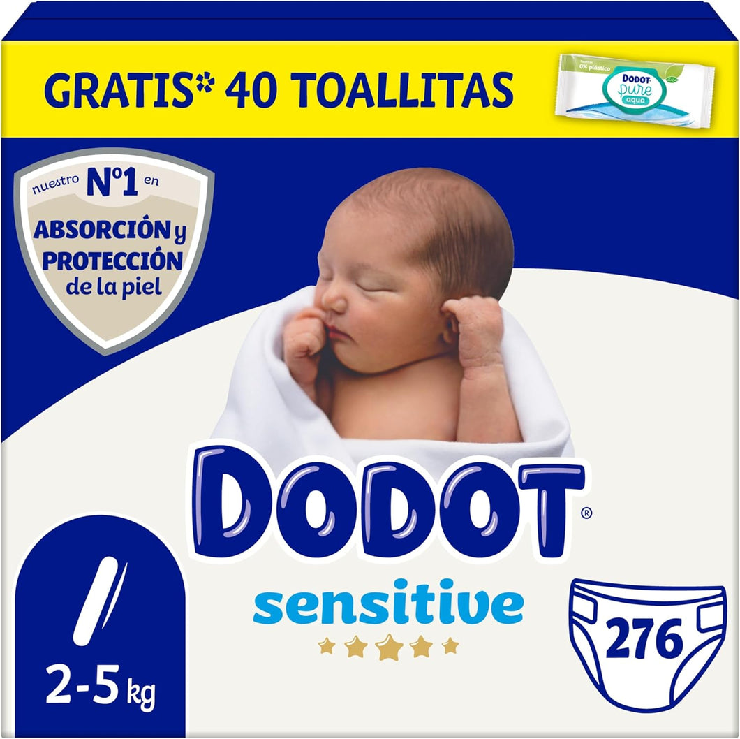 Dodot Pañales Sensitive Talla 1, 276 Unidades con 1 Pack de 40 Toallitas Regalo Pure Aqua - Pañales para Piel Sensible con Indicador de Humedad y Alta Absorción