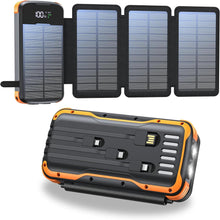 Carregar imagem no visualizador da galeria, Solar Power Bank 27000mAh,Cargador Portátil con 4 Cargadores Plegables de Panel Solar Externo,4 Cables Integrados, con 2 Linternas LED, para iPhone,Tablets(Color Naranja)
