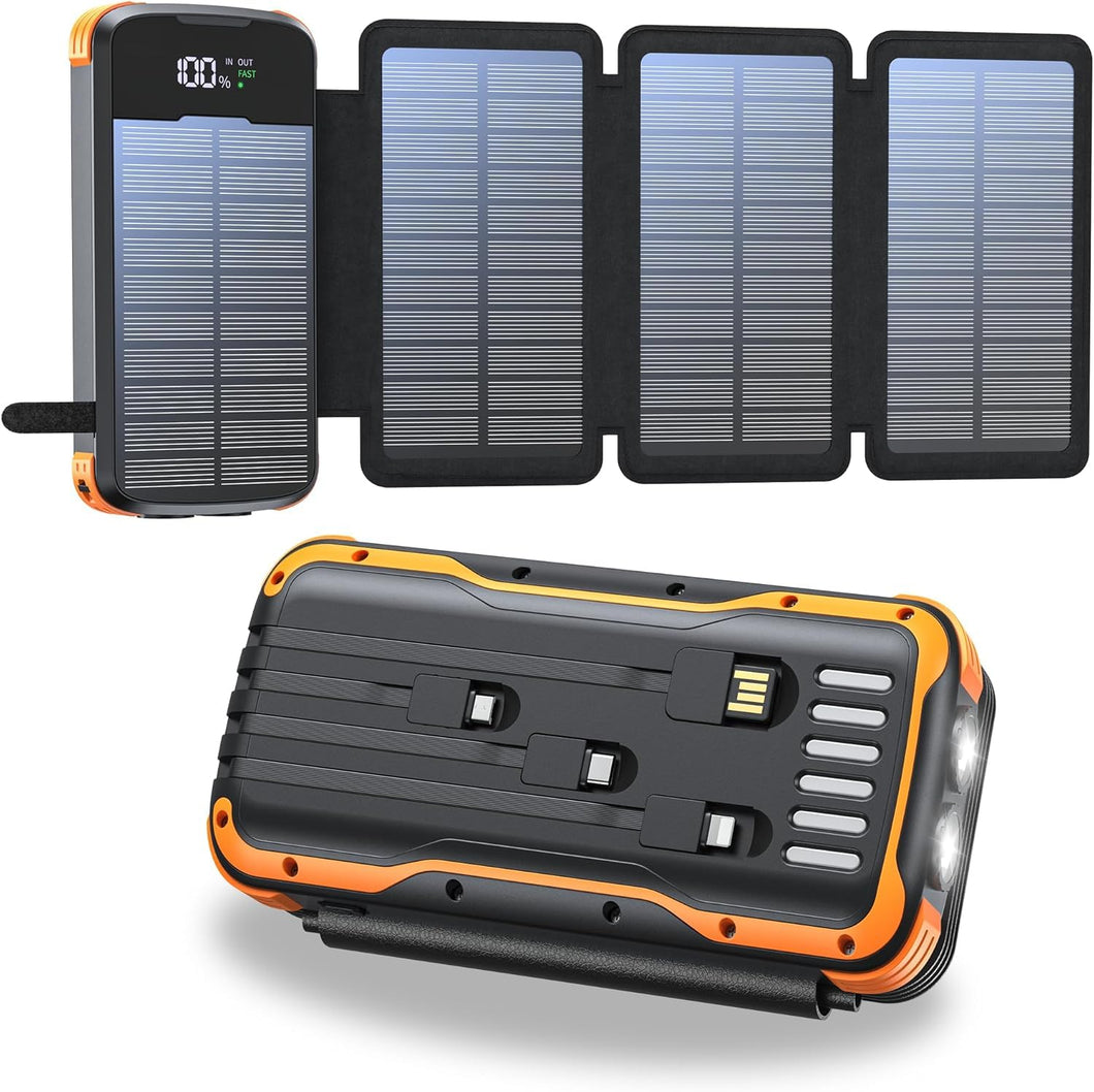 Solar Power Bank 27000mAh,Cargador Portátil con 4 Cargadores Plegables de Panel Solar Externo,4 Cables Integrados, con 2 Linternas LED, para iPhone,Tablets(Color Naranja)