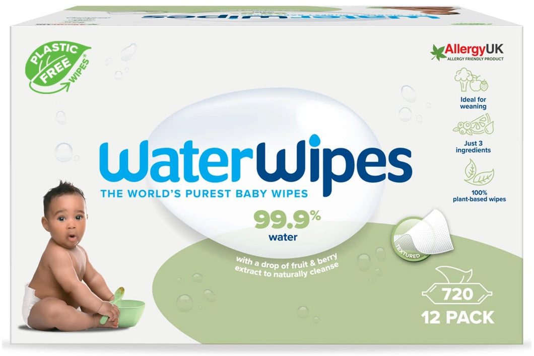 WaterWipes Toallitas húmedas Texturizadas de Origen Vegetal para Niños Pequeños y Bebés, ), 99,9% Base de Agua, Sin Perfume Para Pieles Sensibles, 12 Pack x 60 Toallitas (720 total)