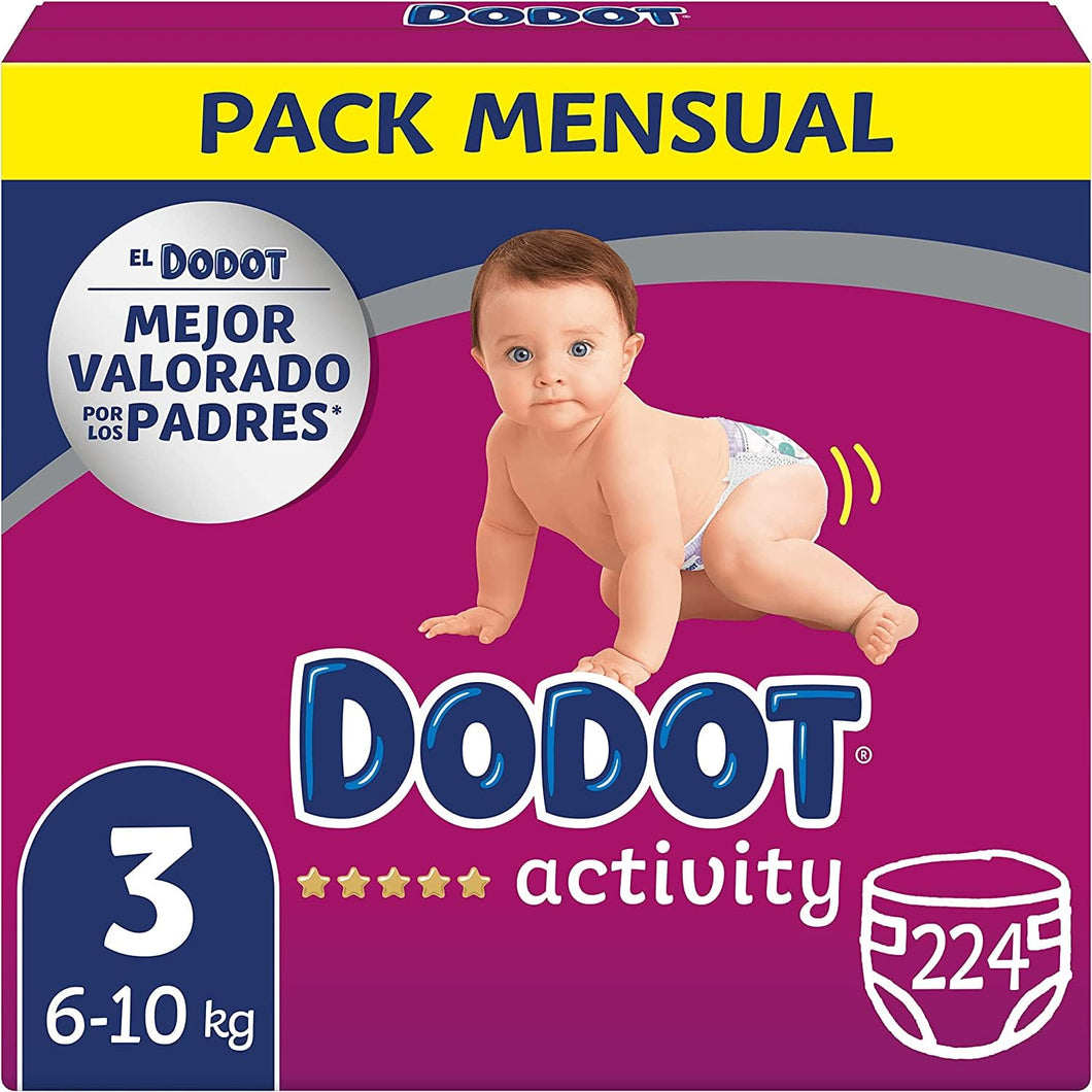 Dodot Pañales Bebé Activity Talla 3 (6-10 kg), 224 Pañales con Ajuste Más Resistente