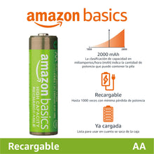 Carregar imagem no visualizador da galeria, Amazon Basics - Paquete de 4 pilas recargables AA NiMH de alta capacidad, 2400 mAh, recargables hasta 400 veces, precargadas
