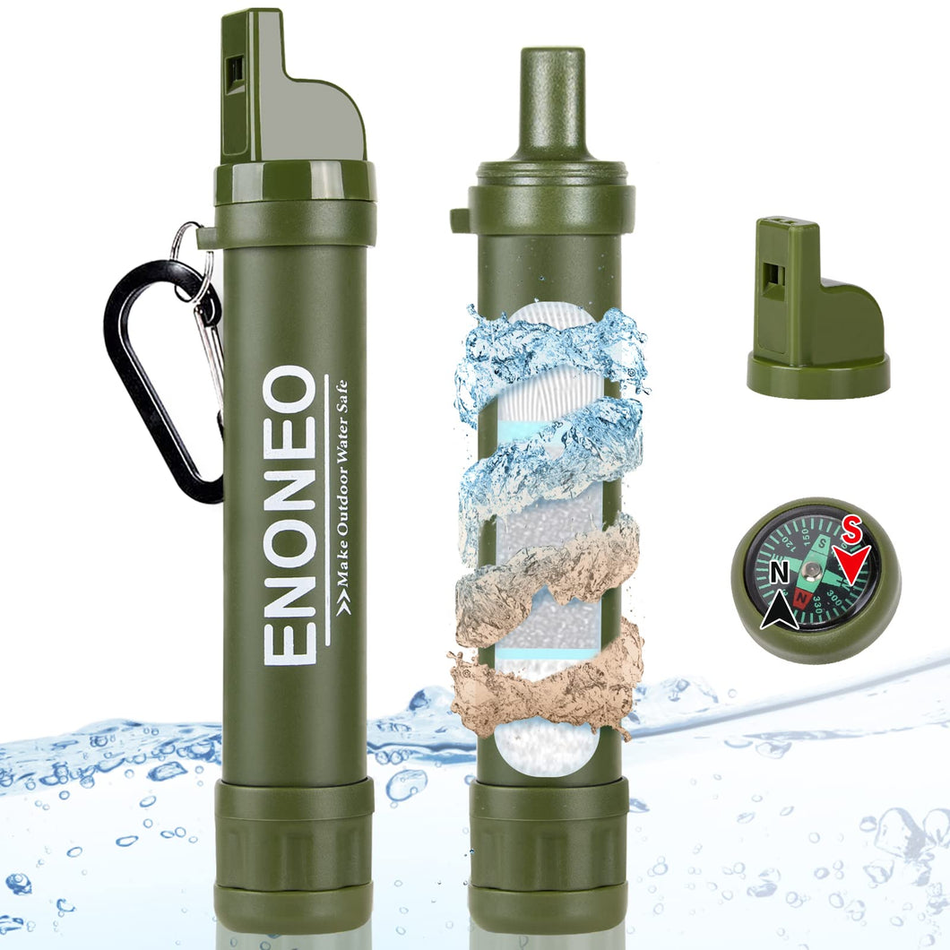 ENONEO Filtro de Agua Personal 1500L Purificador Agua Portatil Elimine 99.99% de Bacterias y Protozoos con Espejo, Silbato y Brújula Filtro Agua Supervivencia Senderismo Acampada (Verde)