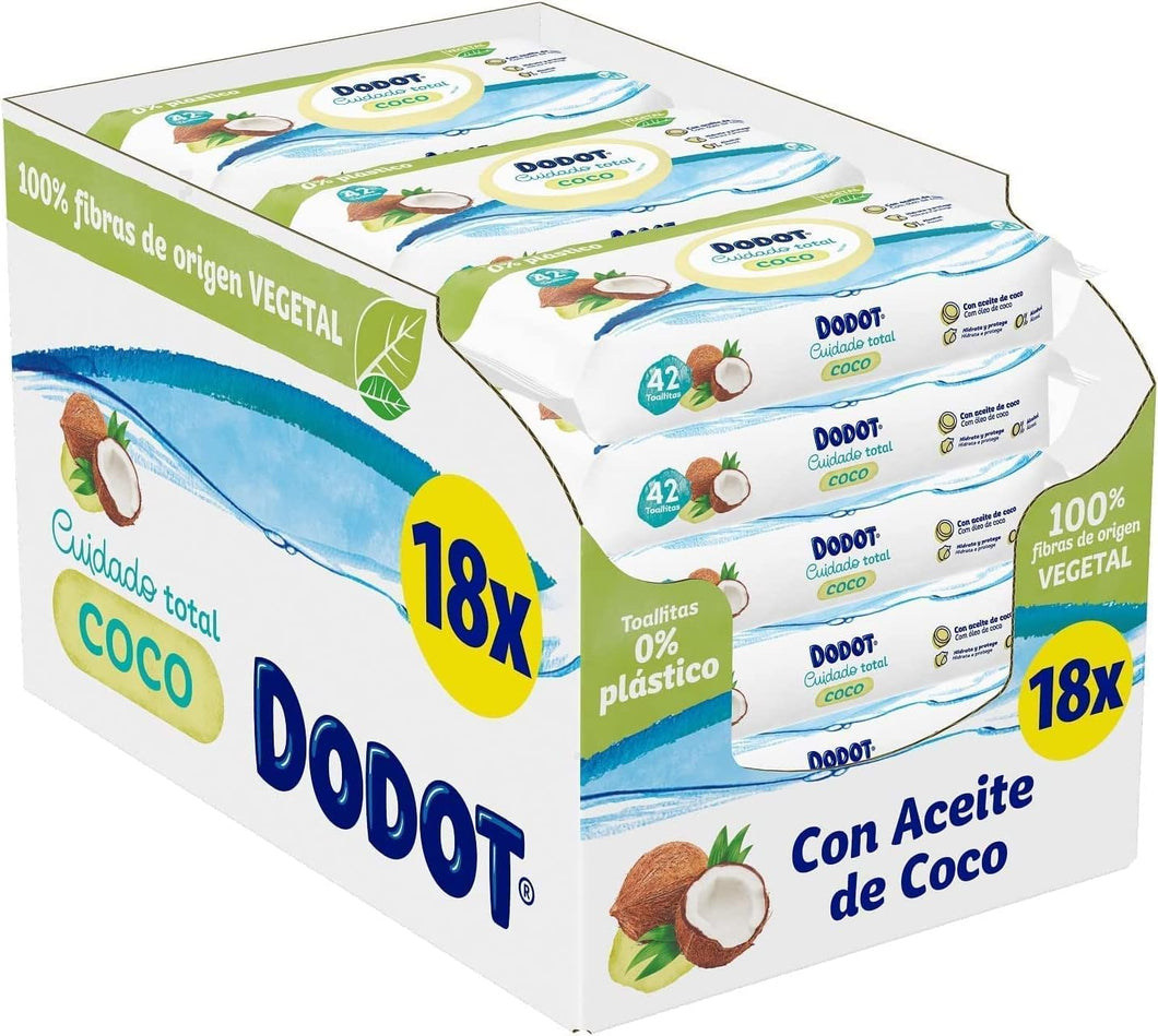 Dodot Toalhetes de cuidado total para bebé, 756 toalhetes para bebé com óleo de coco, 18 embalagens (18 x 42)