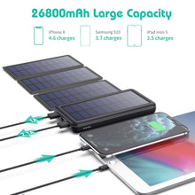 Carregar imagem no visualizador da galeria, iPosible Batería Externa 26800mAh Power Bank con 4 Paneles Solares Impermeables Plegables, 2 Salidas y 3 Entradas Cargador Solar Batería Solar Portátil para iPhone Samsung Huawei Xiaomi etc.
