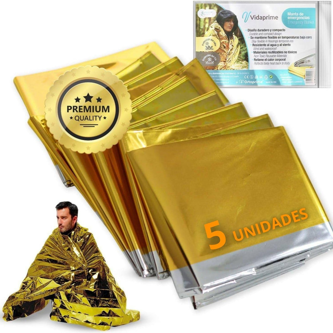 Vidaprime Manta Térmica Supervivencia Reutilizable X5 UNIDADES Manta Emergencia térmica Mantas Térmicas de supervivencia GRANDE 210x160cm Mantas de Supervivencia PROTECCIÓN Frío y Calor Lluvia Viento.