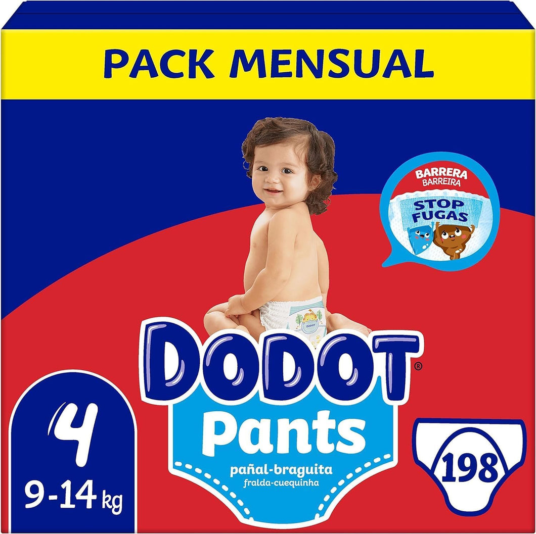 Dodot Pants Fraldas para bebés tamanho 4 (9-15 kg), fraldas 198 fraldas, fraldas-cuecas com ajuste 360° anti-fugas, pack mensal