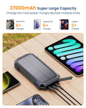 Carregar imagem no visualizador da galeria, Cargador Solar 27000mAh, Hiluckey 15W Portátil Power Bank con 3 Cables y 3 Puertos, USB C Carga Rápida Imperable Batería Externa para Smartphones, Tabletas y Acampar al Aire Libr
