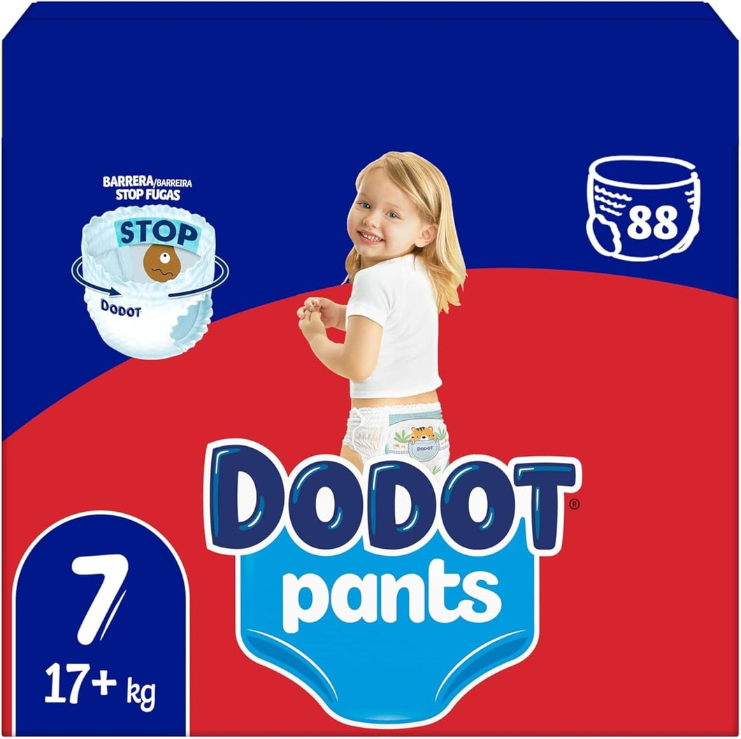 Dodot Pants para bebés fraldas, tamanho 7, +17 kg, 88 fraldas, fraldas-cuecas com ajuste 360° anti-fugas, pack mensal