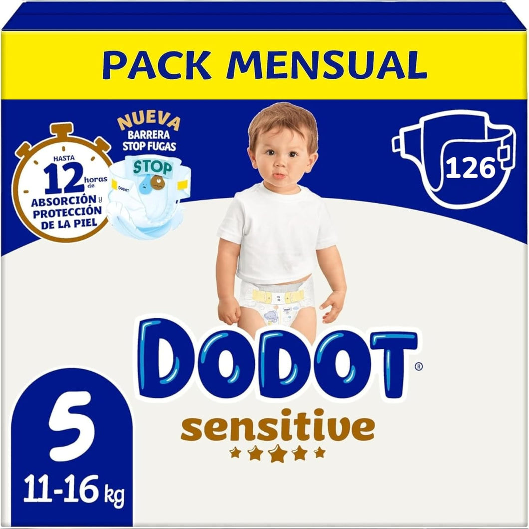 Dodot Pañales Bebé Sensitive Talla 5 (11-16 kg), 126 Unidades, Protección Antifugas hasta 12 h, Suavidad Extra para Piel Sensible, Indicador de Humedad, Pack Ahorro Original