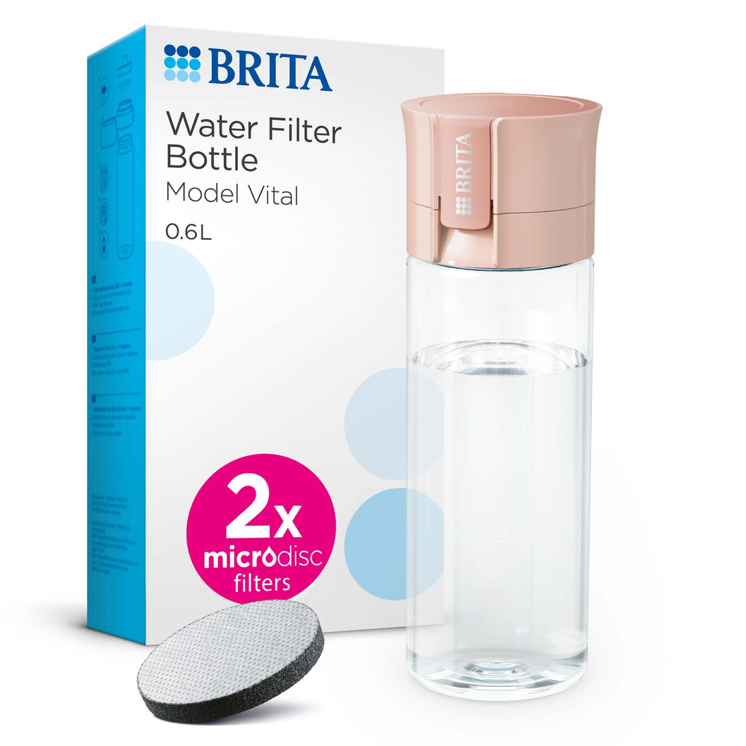 BRITA Botella filtrante de agua modelo VITAL Rosa (600 ml) con 2 filtros MicroDisc, para hidratarse en cualquier lugar, elimina cloro, impurezas, hormonas y preserva minerales.